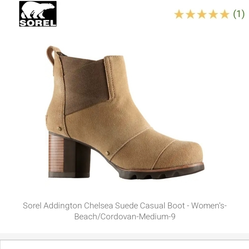 Sorel Addington Chelsea Suede Heeled Boot in Beach, sz 8